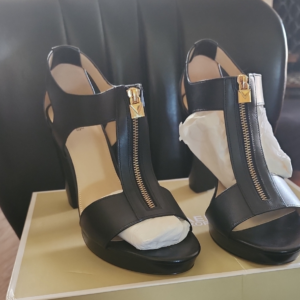 Michael Kors Black Leather Heels with Gold Accents